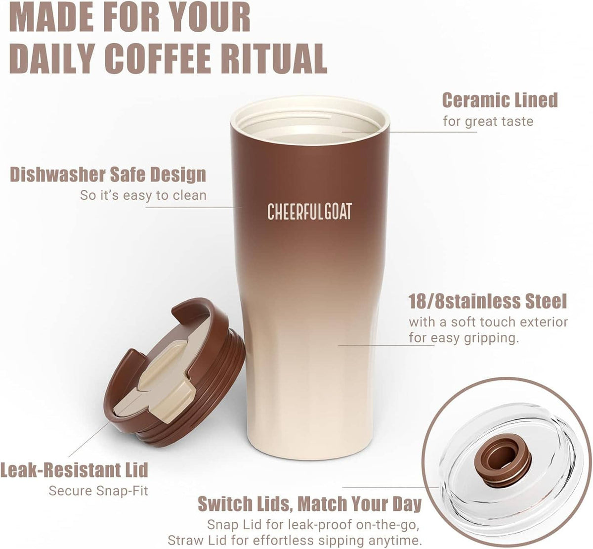 Ceramic-lined coffee travel tumbler with snap lid, two-tone brown and cream body.