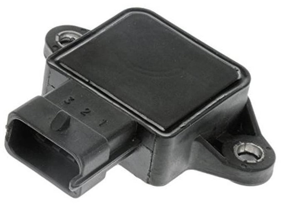 Throttle position sensor angled view with black connector housing and mounting tabs
