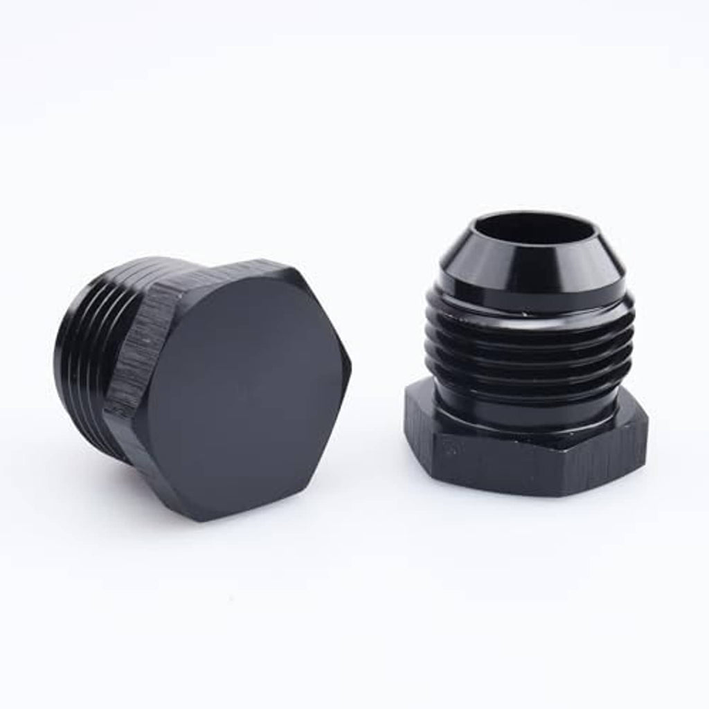 Black AN male flare blanking plug connectors with hex cap ends and threaded bodies