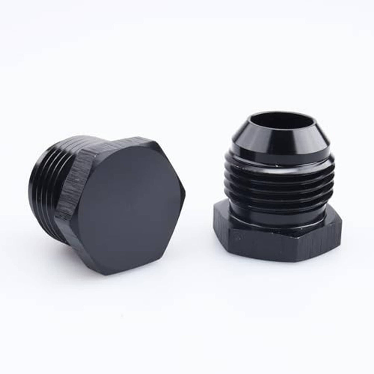 Black AN male flare blanking plug connectors with hex cap ends and threaded bodies