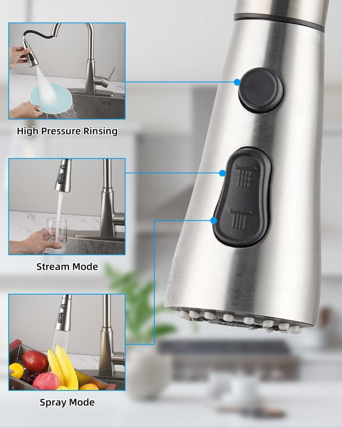 Brushed nickel pull-down sprayer showing stream, spray, and high-pressure modes