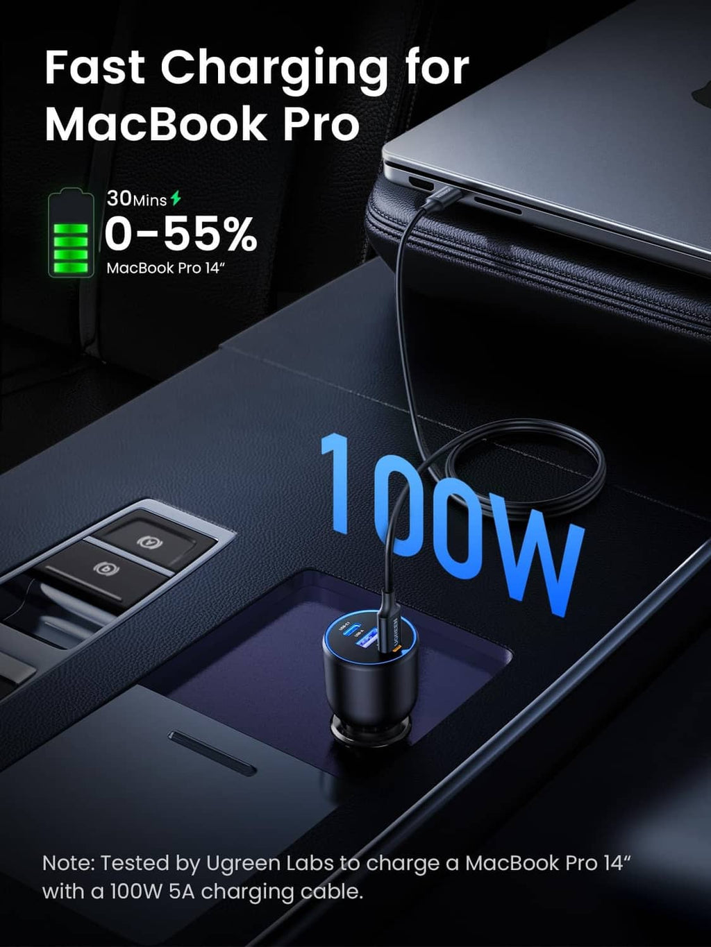 Car USB-C charger adapter with illuminated ports and circular blue LED light