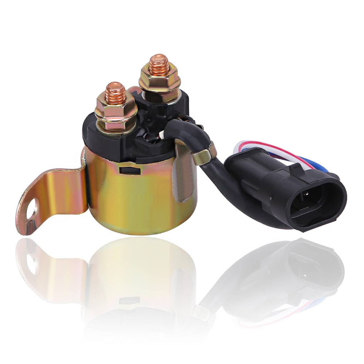 Starter relay solenoid with black connector plug and rainbow-gold housing, two terminals