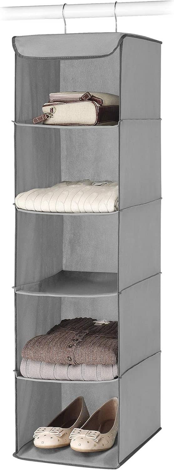 Gray hanging closet organizer with metal frame, four open shelves and top compartment