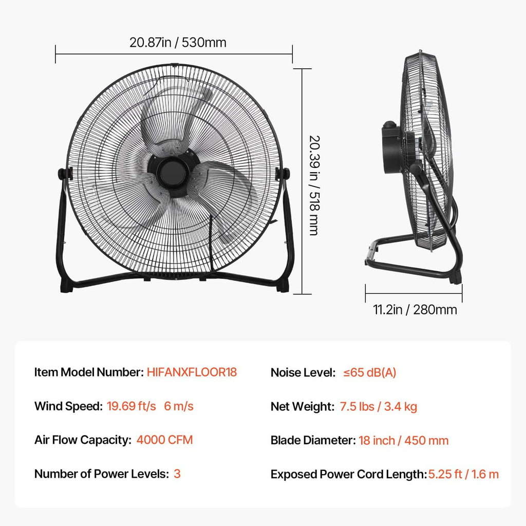 Black 18-inch floor fan front view with adjustable stand and wire grille