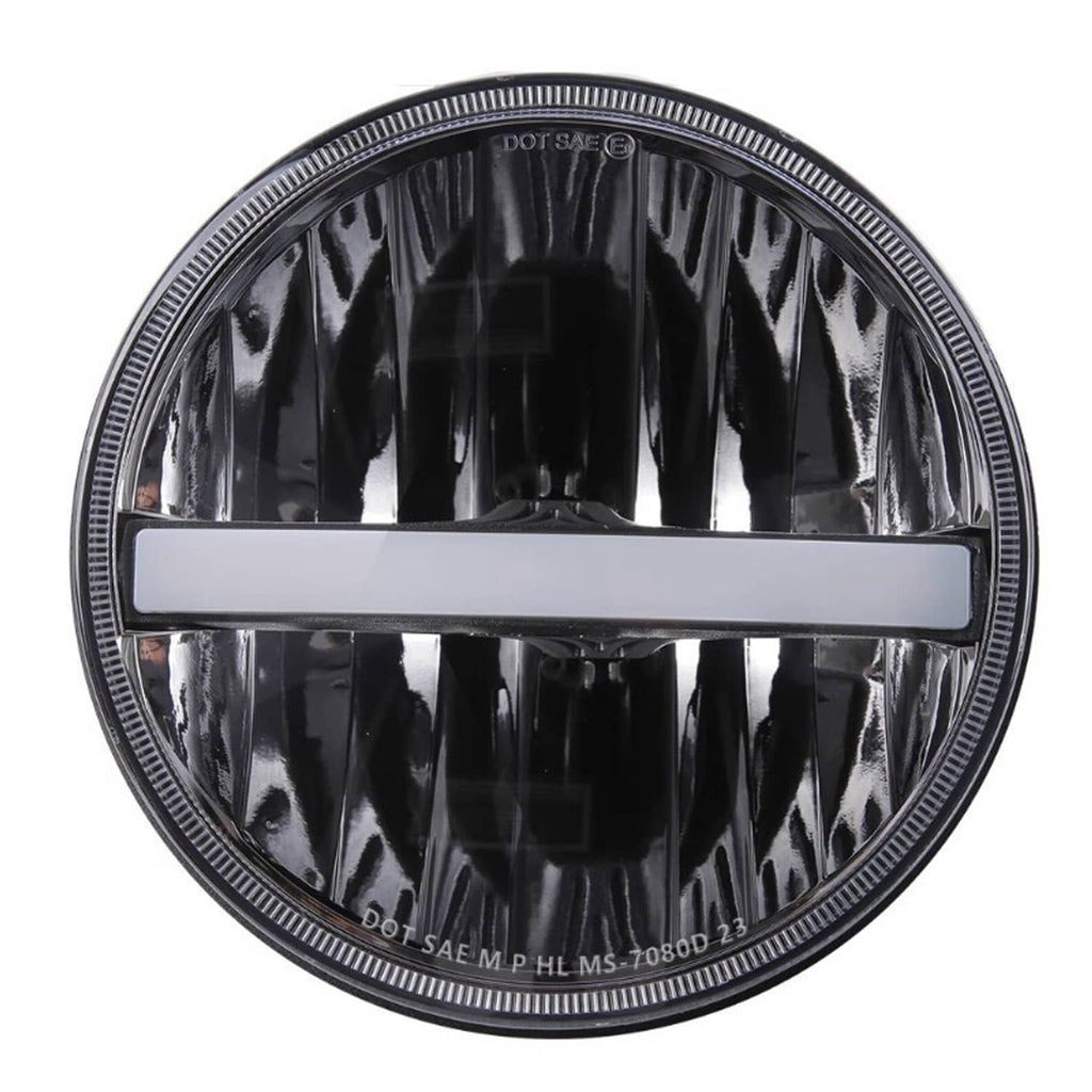 7-inch round halo LED headlight lens with chrome trim and horizontal light bar