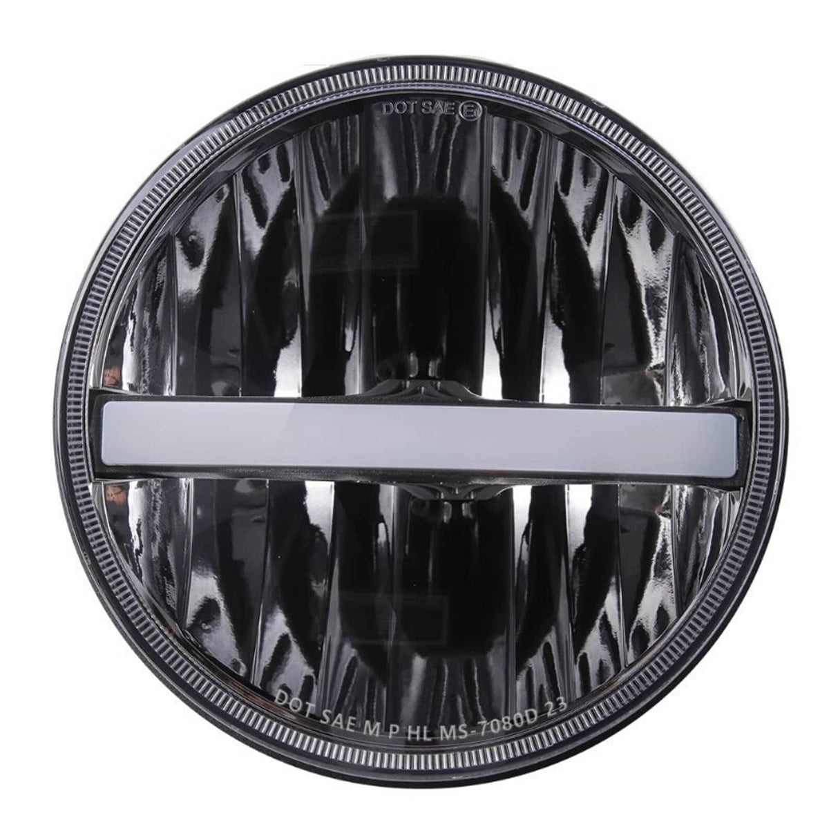 7-inch round halo LED headlight lens with chrome trim and horizontal light bar