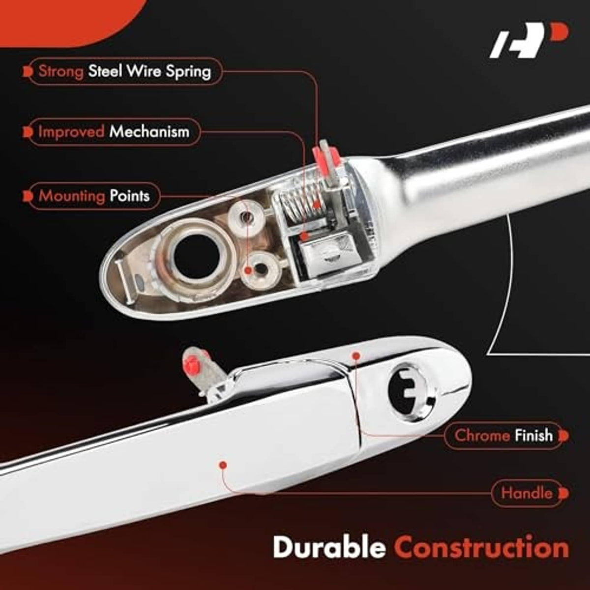 Cutaway of chrome exterior door handle mechanism with key cylinder
