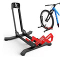 Portable bike floor stand, black base with red wheel cradle and tall adjustable support