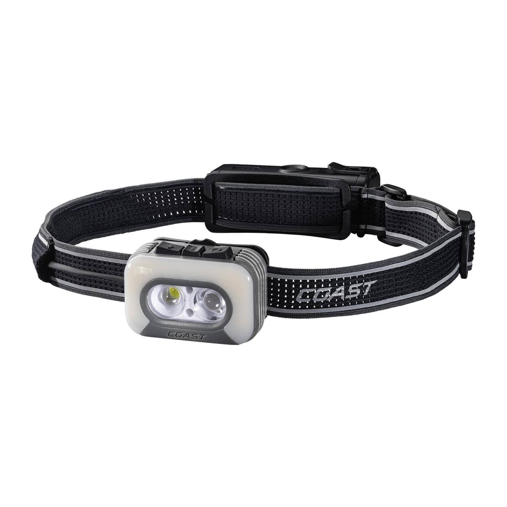 Black COAST headlamp with adjustable mesh strap and dual-lens front light