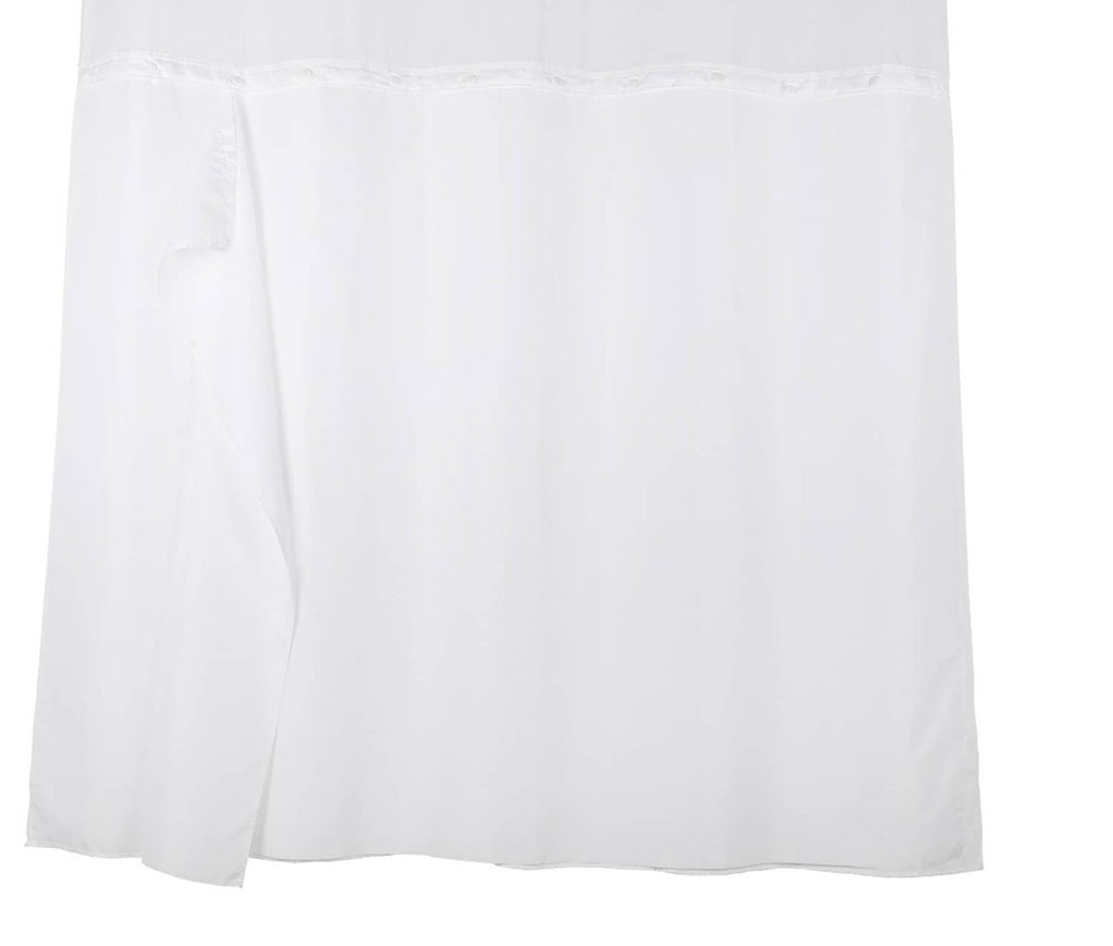 White waterproof polyester shower curtain liner with snap tabs, full-length coverage.