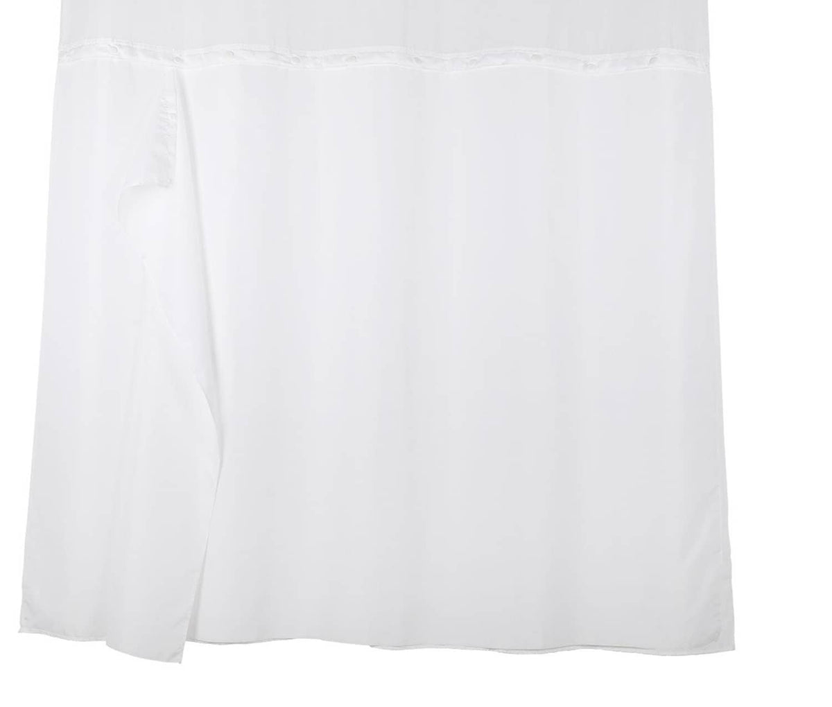 White waterproof polyester shower curtain liner with snap tabs, full-length coverage.