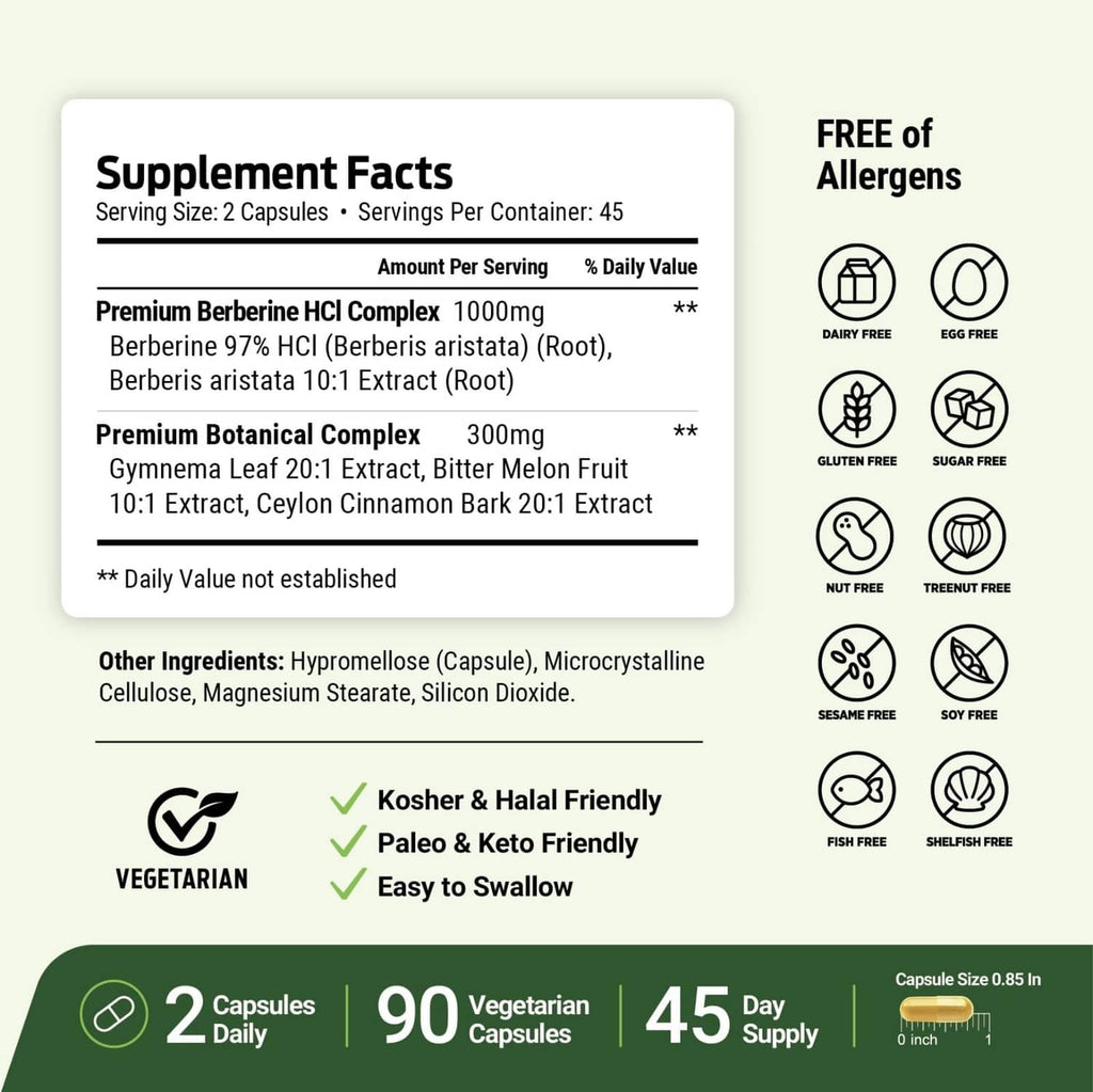 ForestLeaf supplement facts label panel with servings, ingredients list, and dietary icons
