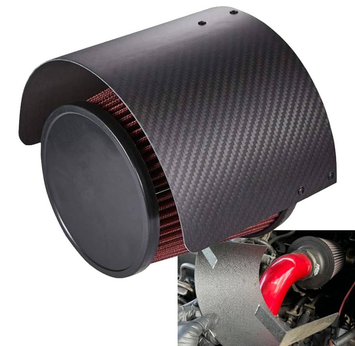 Carbon fiber style air intake heat shield cover with open rim and mounting holes