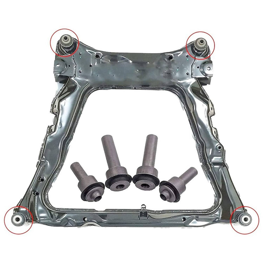 Front subframe crossmember bushing kit on vehicle frame with four marked mounting points