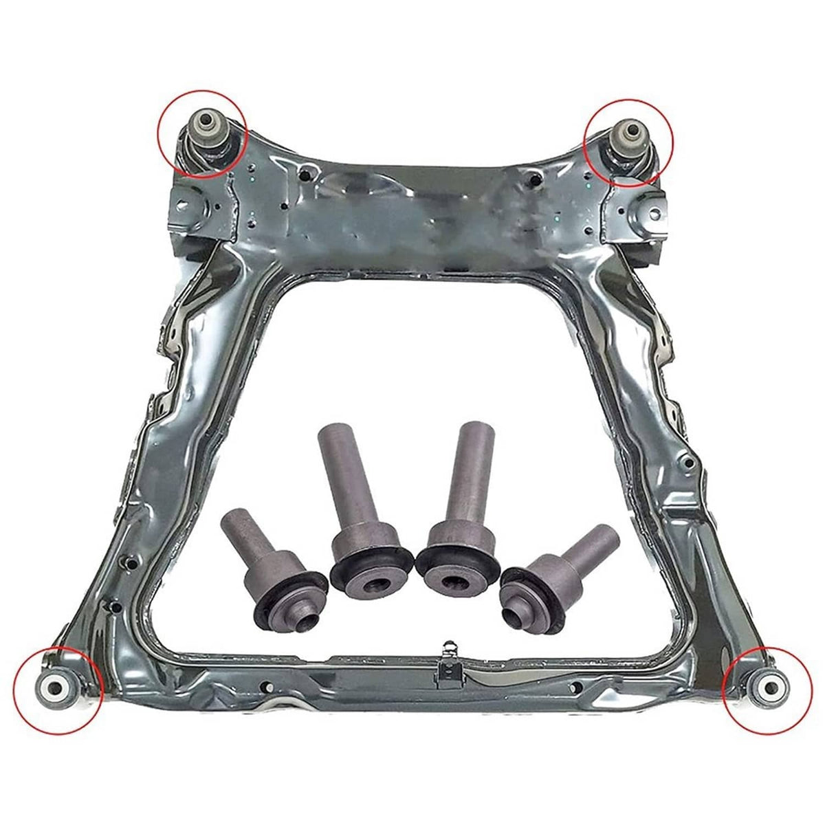 Front subframe crossmember bushing kit on vehicle frame with four marked mounting points