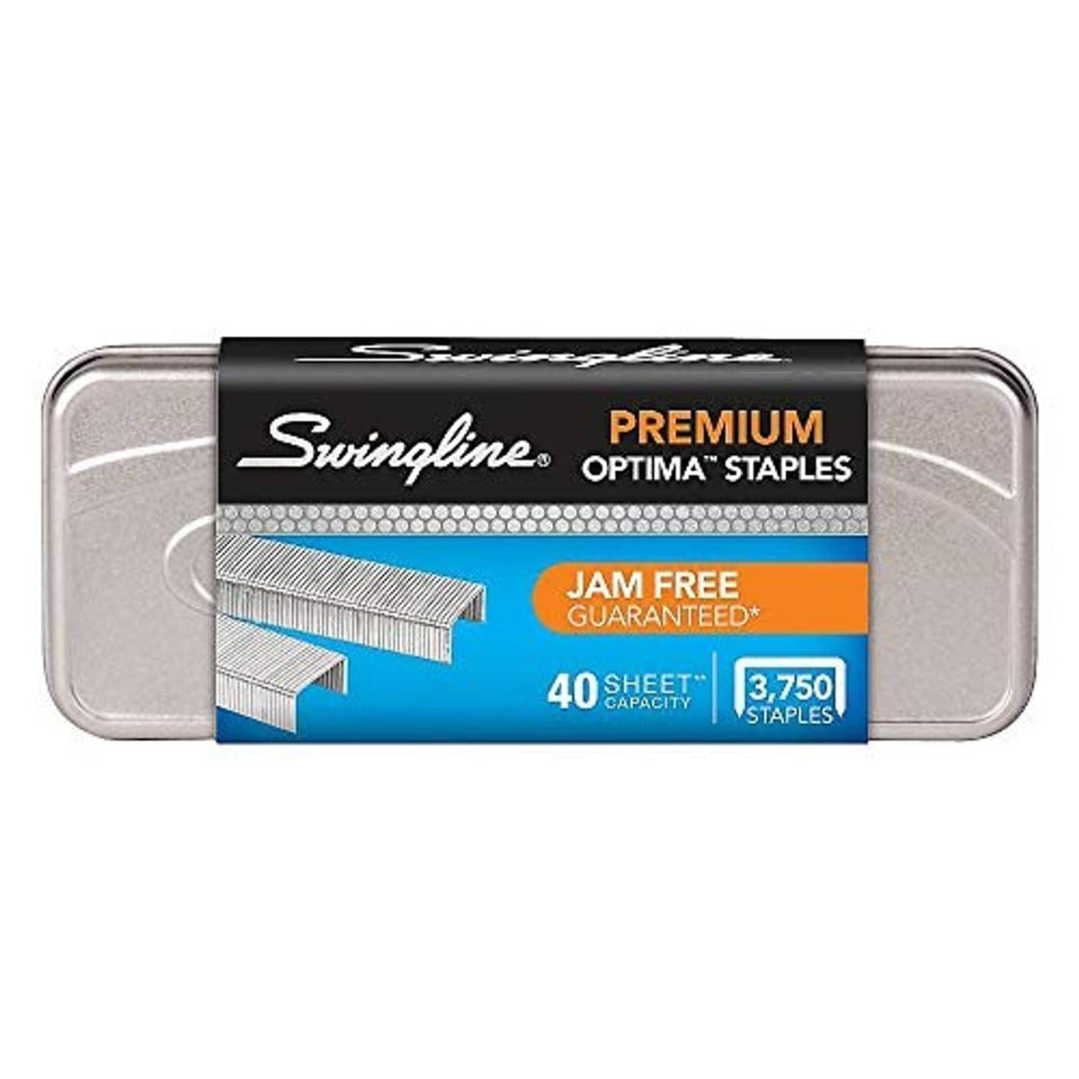 Swingline PREMIUM OPTIMA staple tin, front view with jam free badge