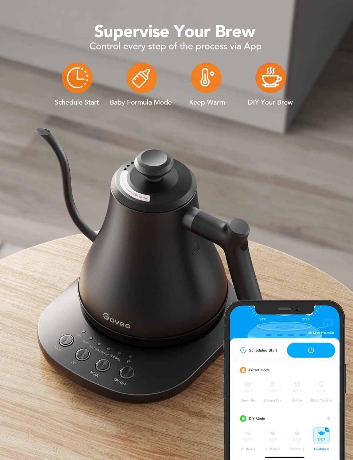 Black gooseneck smart electric kettle on base with app control phone