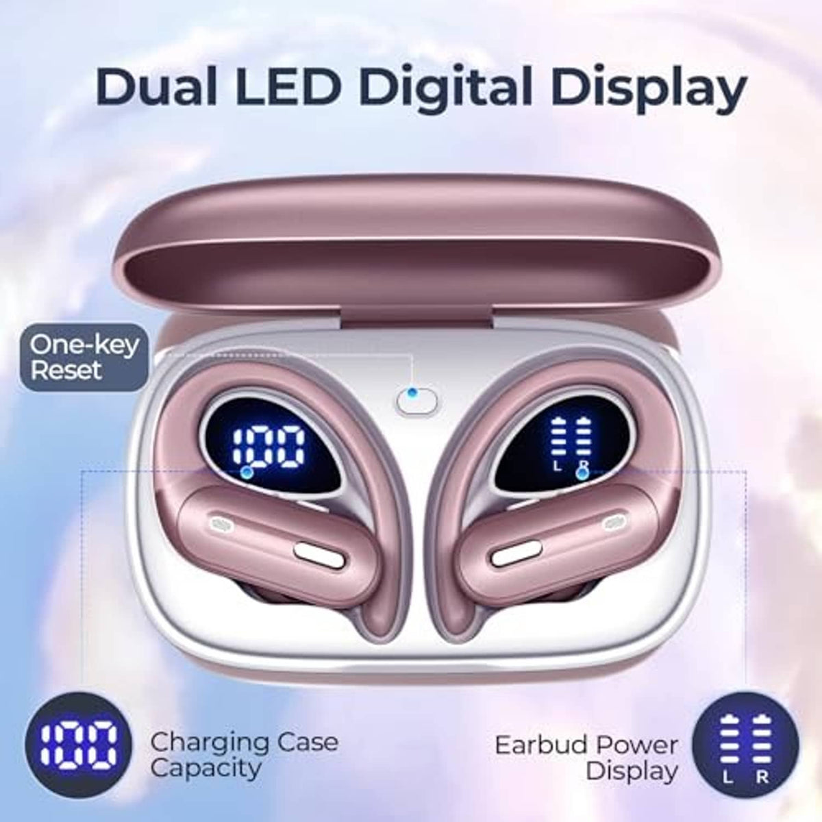 Charging case and earbuds with dual LED digital displays and reset button