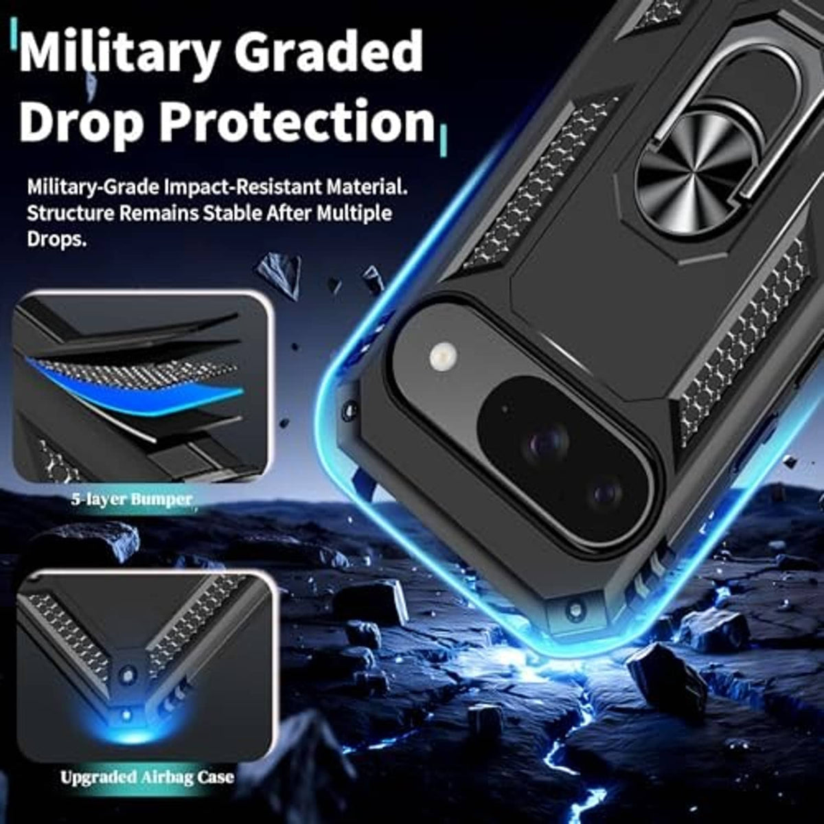 Black rugged case corner and camera area with impact protection details and ring mount