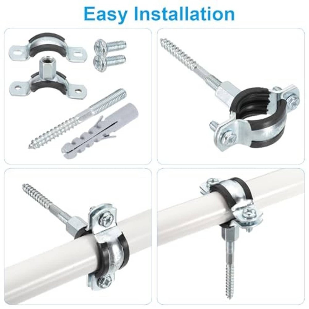 Adjustable black split ring pipe hanger clamp with galvanized bolts and threaded screw