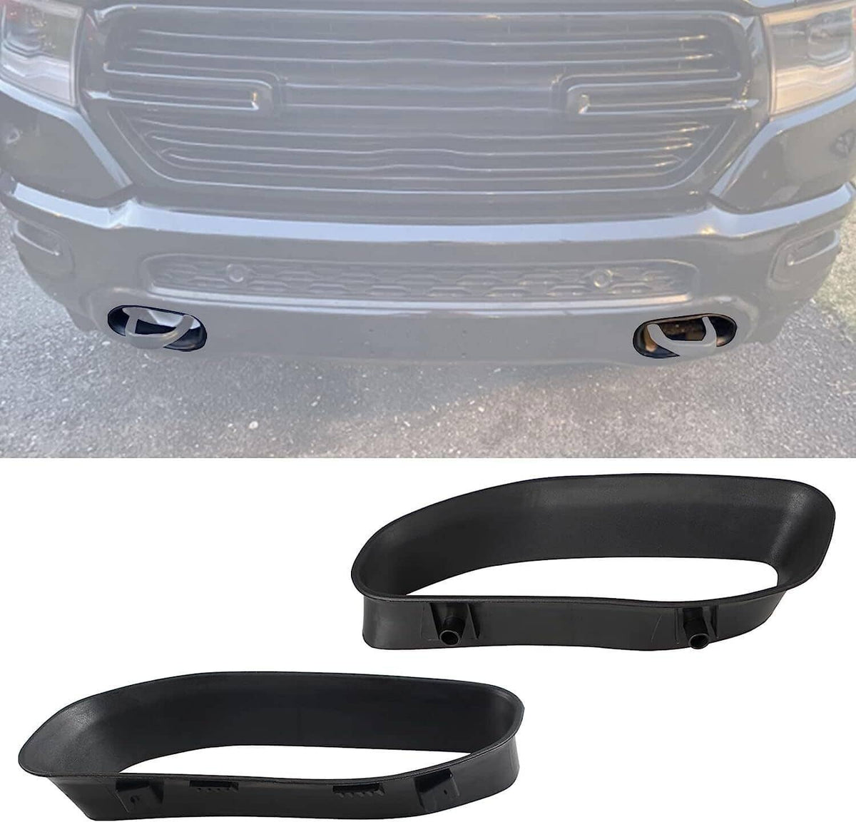 Black tow hook bezel cover pair for front bumper openings, shown installed and separate
