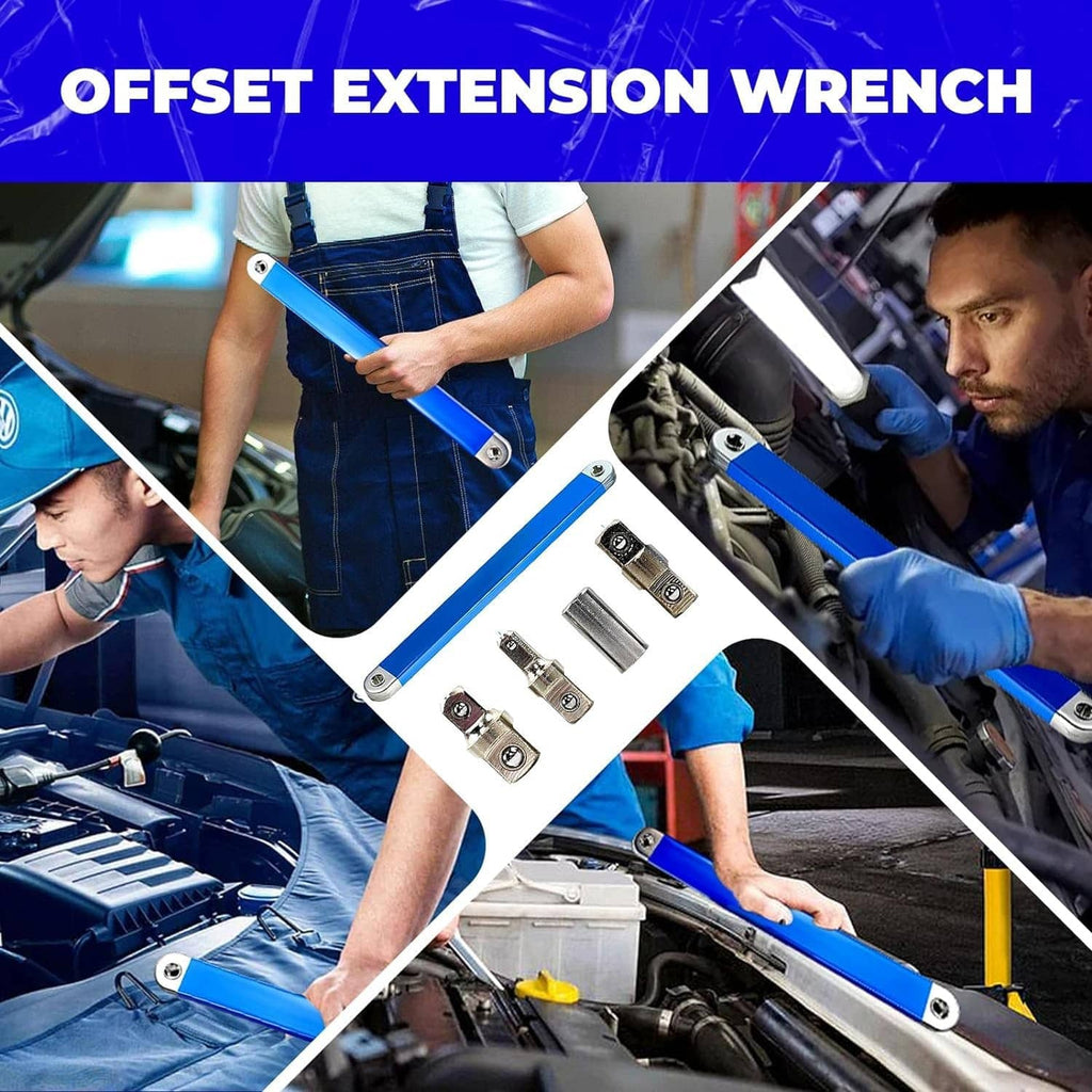 Blue offset extension wrench set with sockets, shown in automotive use