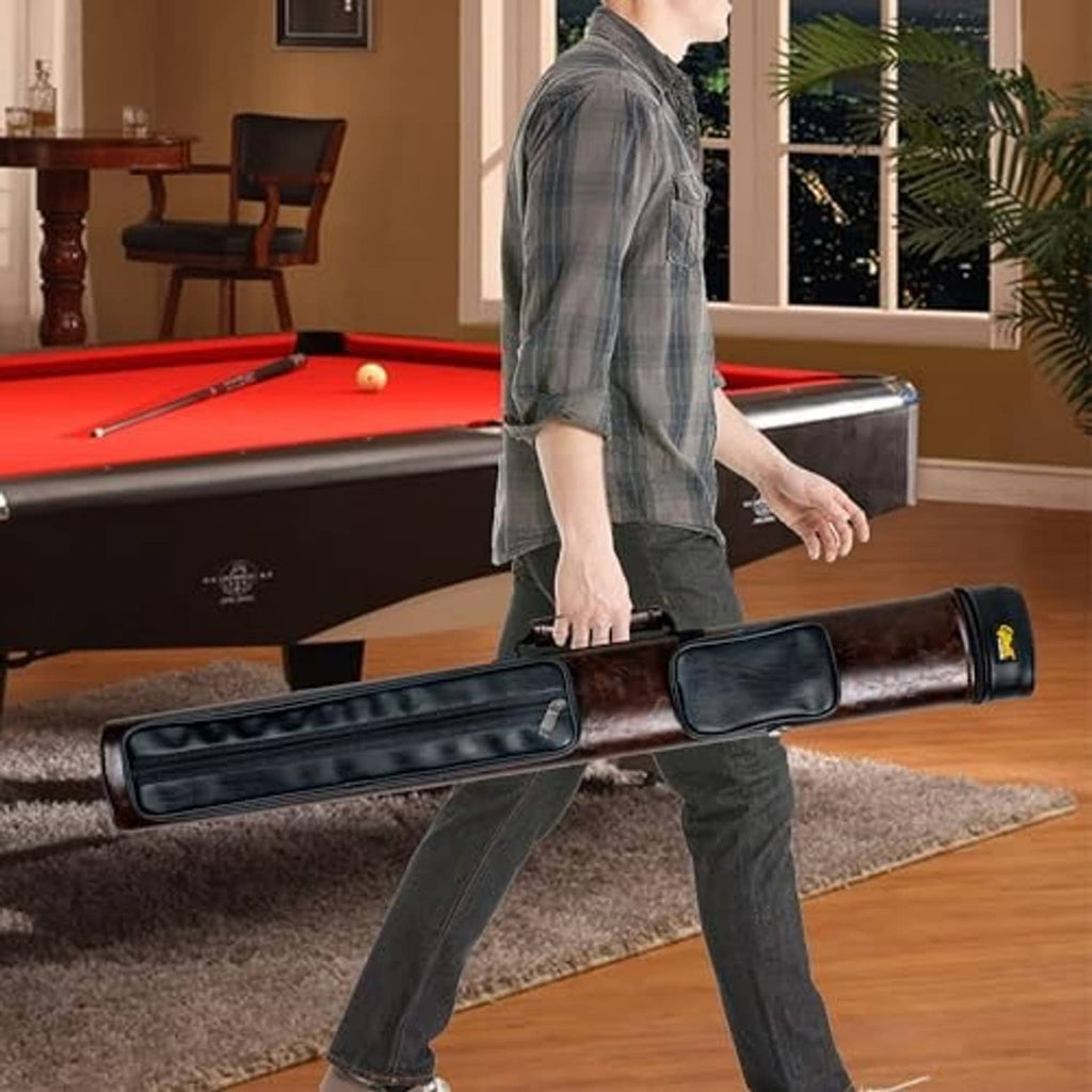 Brown hard pool cue case with black zip compartments and shoulder strap