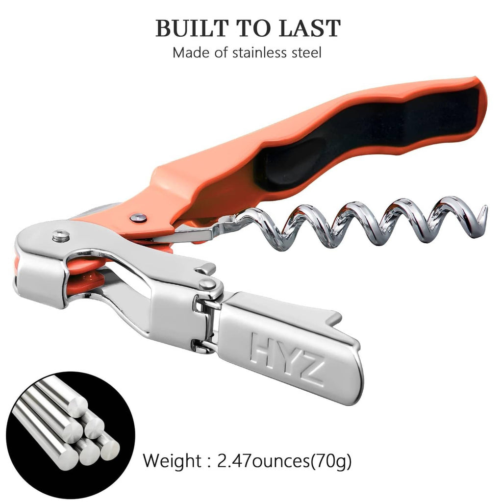 Wine opener with orange-and-black handle, chrome body, and corkscrew spring