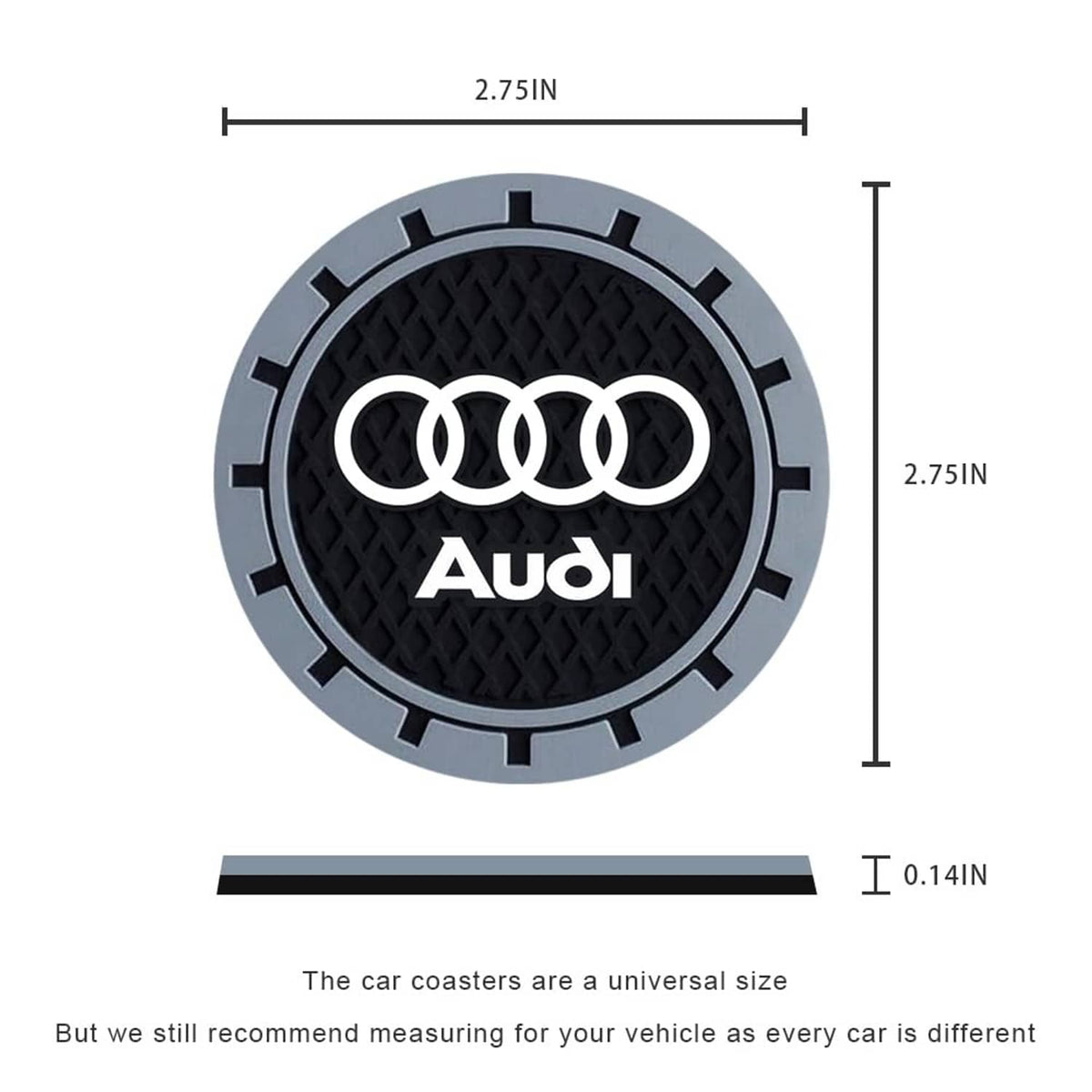 Round Audi logo car cup holder coaster, grey ring with black textured center