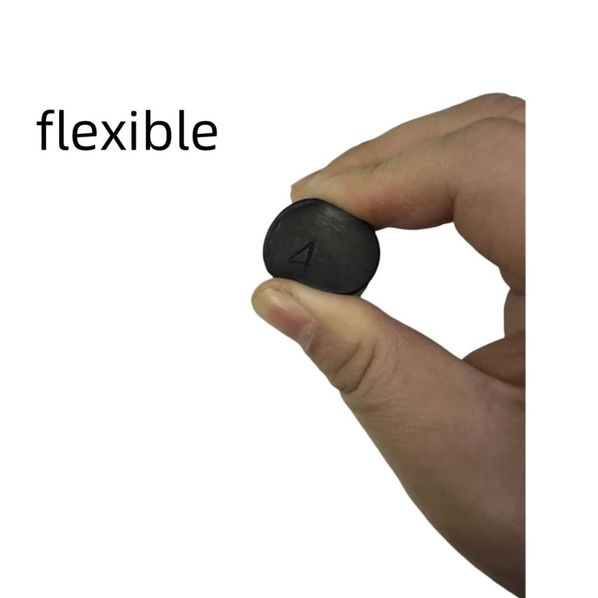 Black rubber lab stopper held by fingers; flexible round end and stem