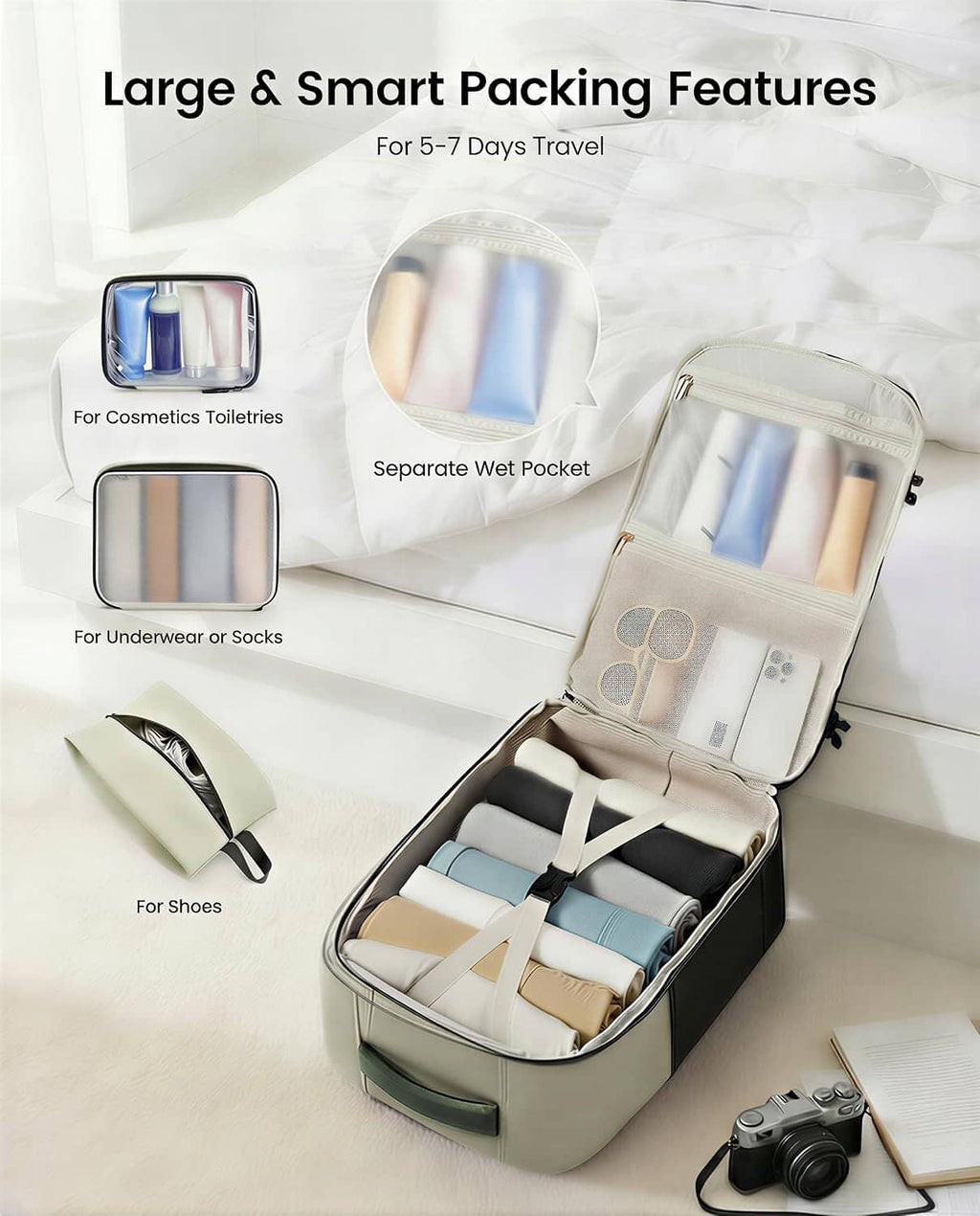 Travel backpack with open interior packing compartments and wet pocket organizer insert