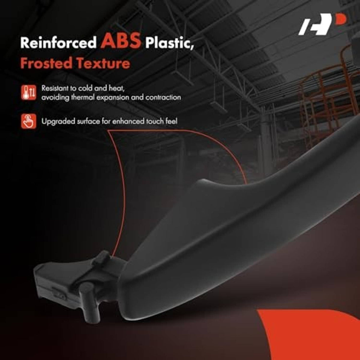 Front right exterior door handle with frosted textured ABS plastic finish, close-up