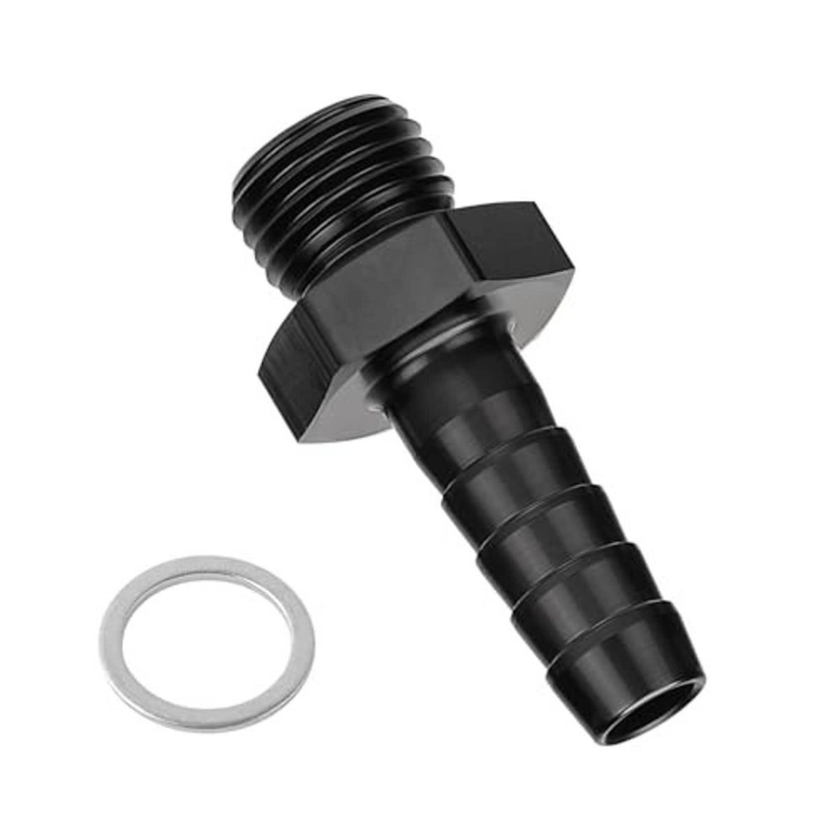 Black hose barb adapter with M14×1.5 male thread, 3/8" barb, includes washer