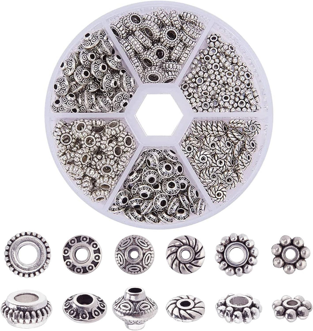 Set of antique silver Tibetan spacer beads in a round organizer, with close-up styles