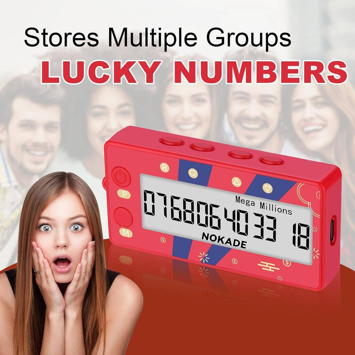 Red lucky numbers lottery generator machine with Mega Millions LCD number display