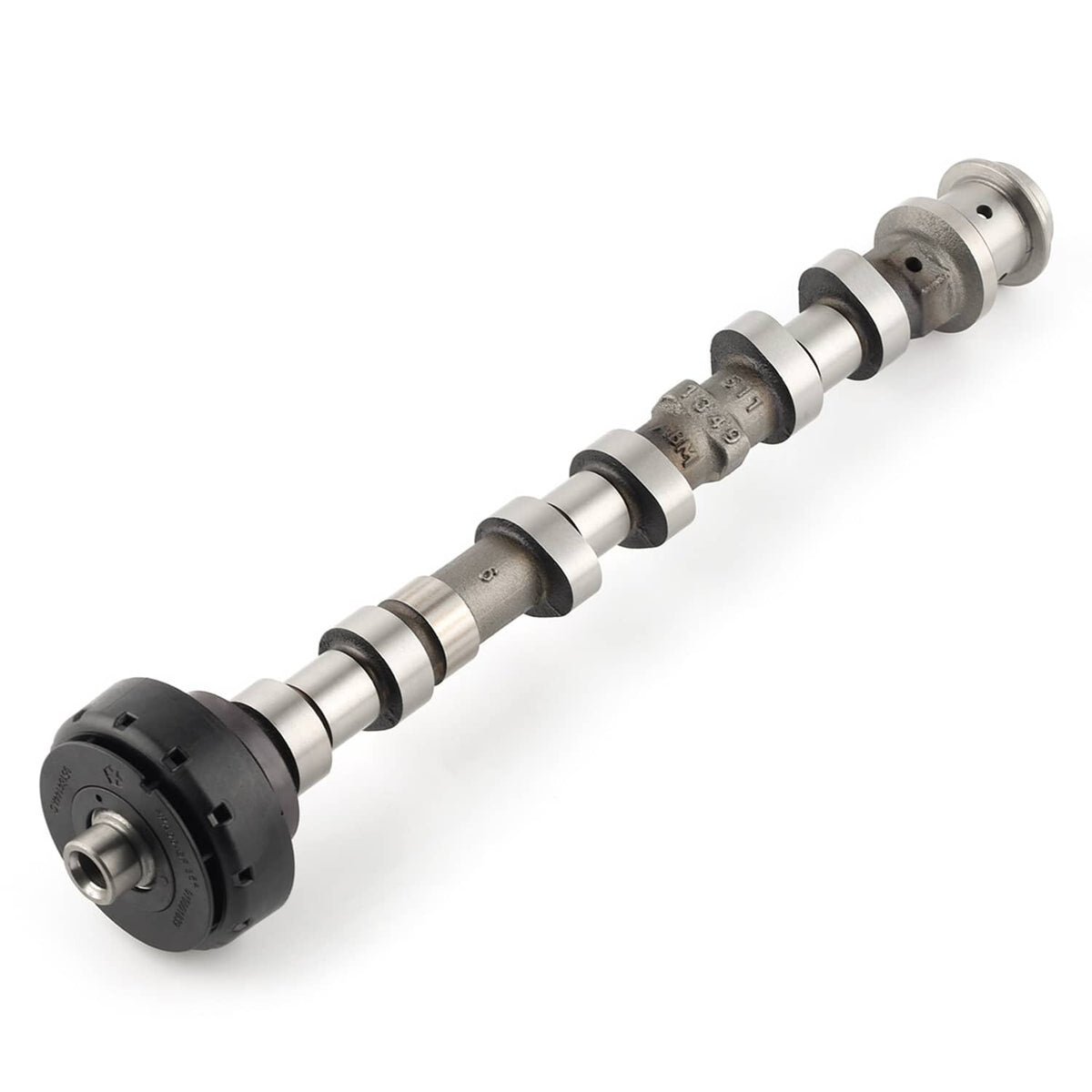 Right side exhaust camshaft with black end hub and silver camshaft lobes