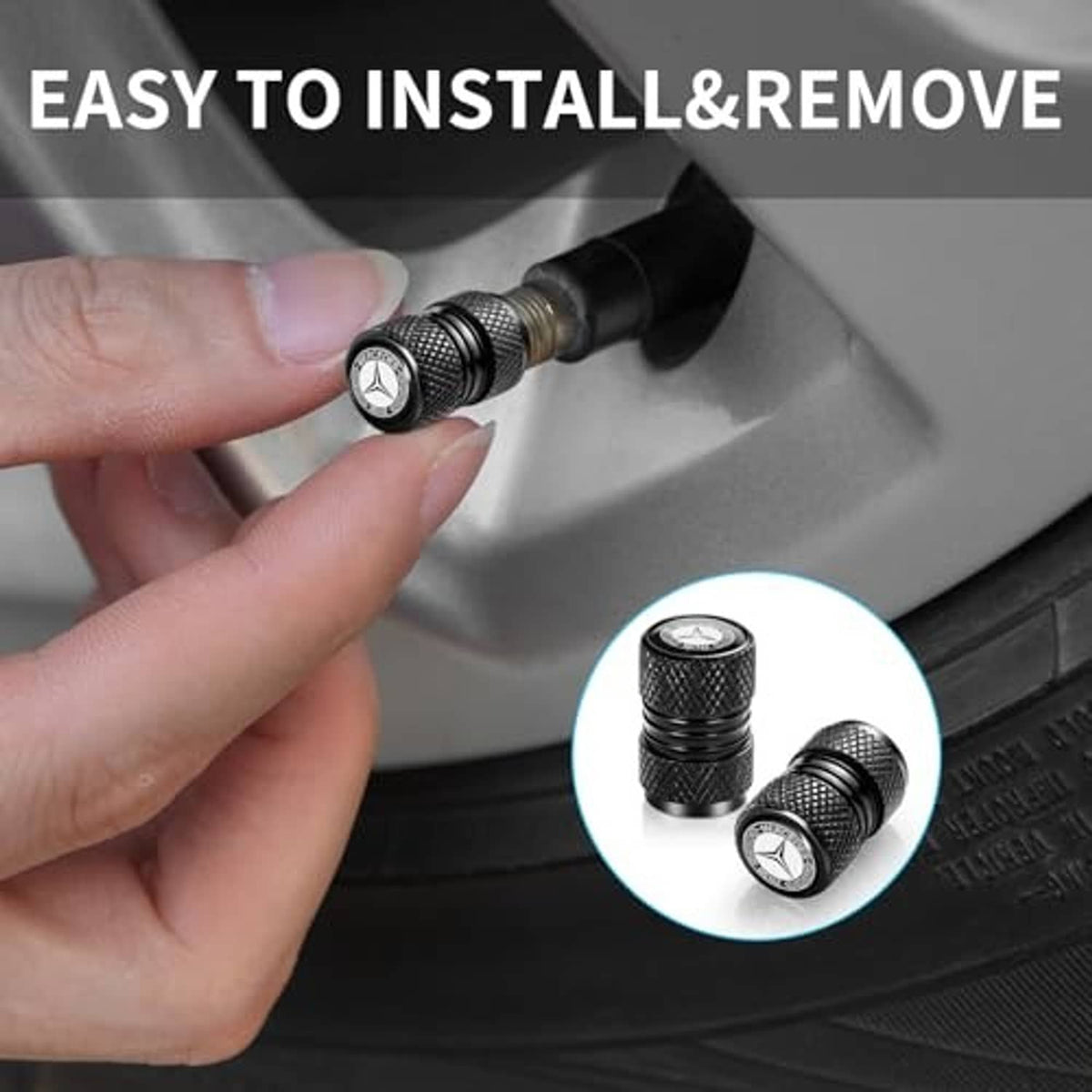 Black textured valve stem cap being installed on a tire valve with Mercedes-Benz logo