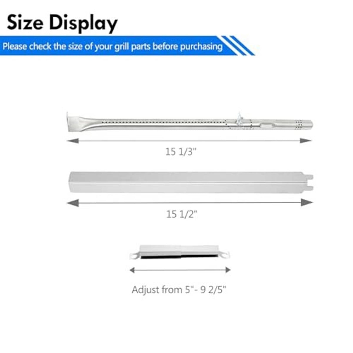 Stainless steel heat tent and burner tube dimensions diagram with adjust range