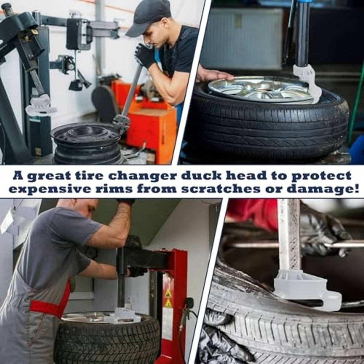 Tire changer duck head tool shown on wheel, white plastic for protecting rims