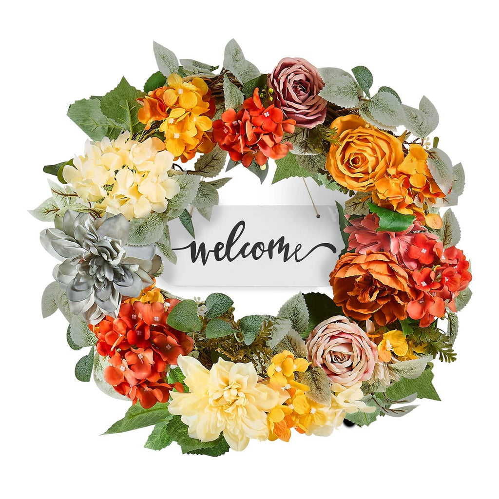 Floral wreath with Welcome sign and layered hydrangeas and roses in orange, red, and cream