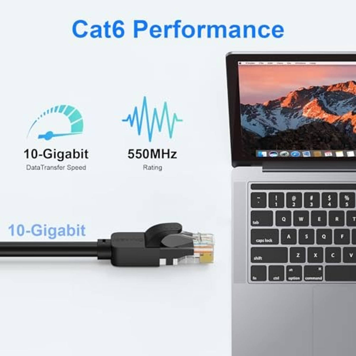 Cat6 Ethernet cable with RJ45 plug connected to a black cable, beside a laptop.