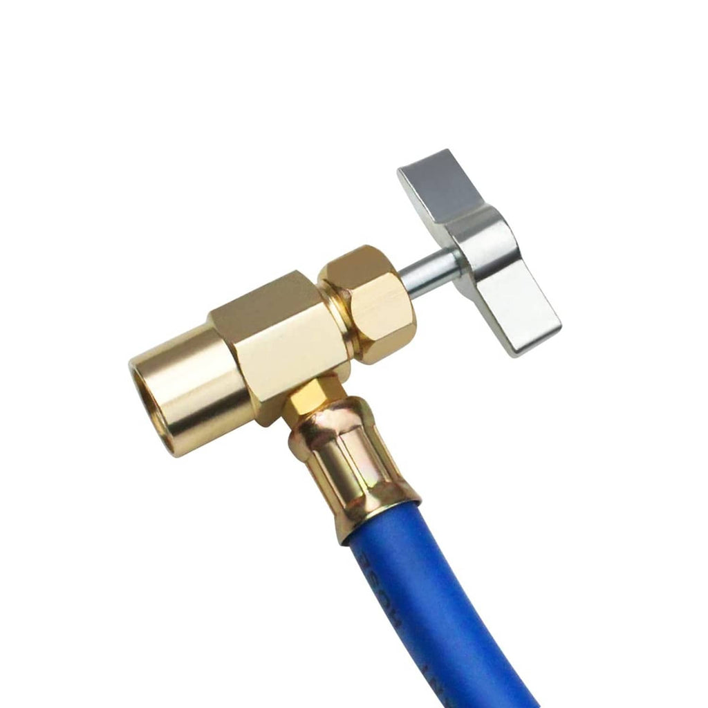 Brass AC charging valve fitting with quick handle on blue hose