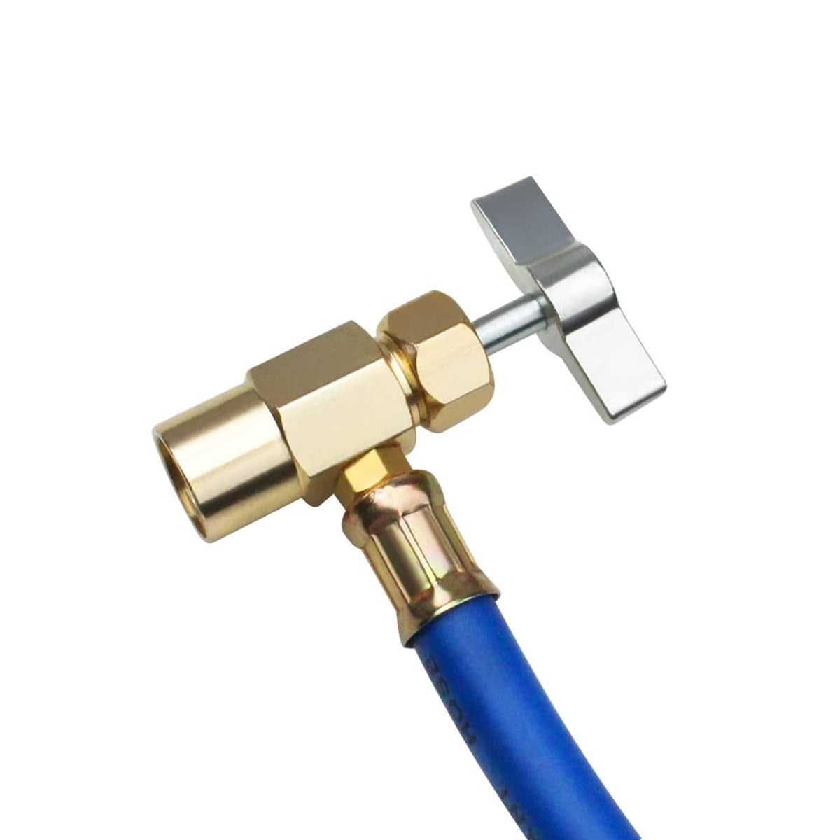 Brass AC charging valve fitting with quick handle on blue hose