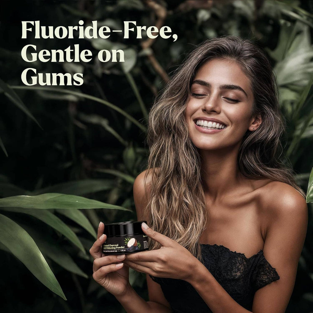 Charcoal teeth whitening powder jar held by a smiling person, black container