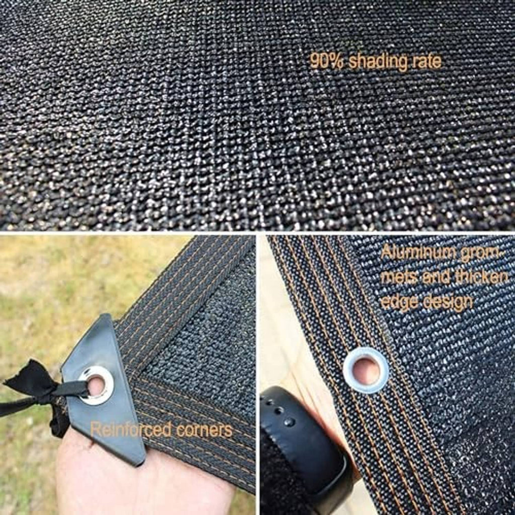 Close-up dark shade cloth mesh fabric with stitched edge and metal grommets