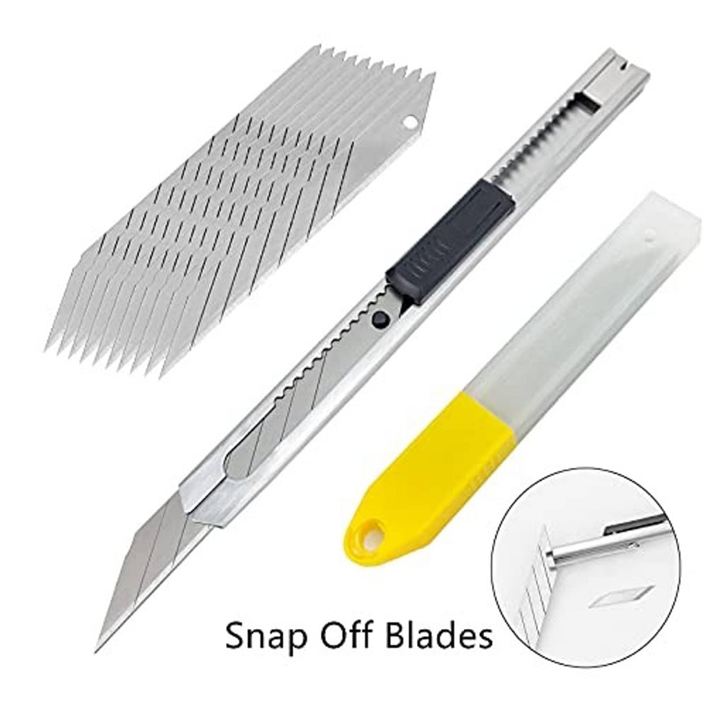 Snap-off razor blades and holders for vinyl film cutting, gray blades, yellow handle