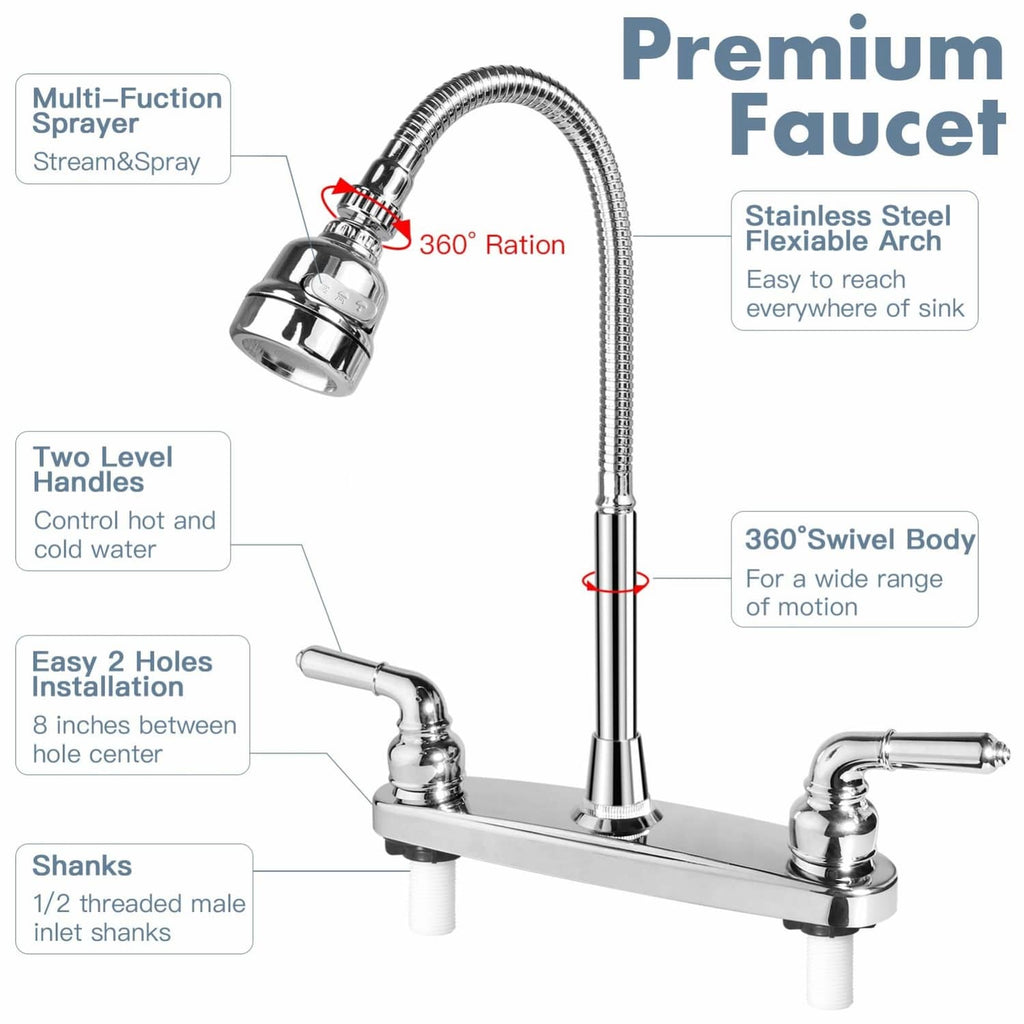 Chrome RV kitchen sink faucet, two-handle deck mount with flexible spray head
