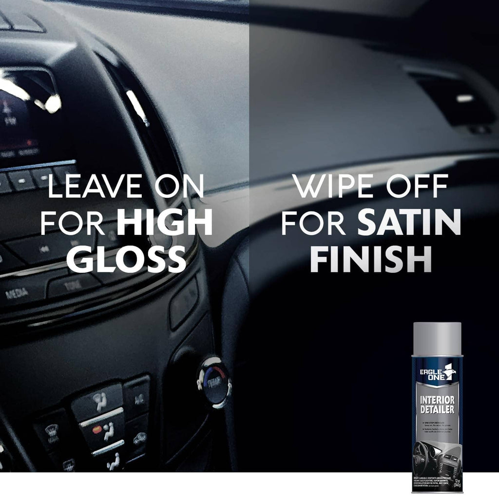 Interior detailer spray bottle shown near car center console buttons and vent