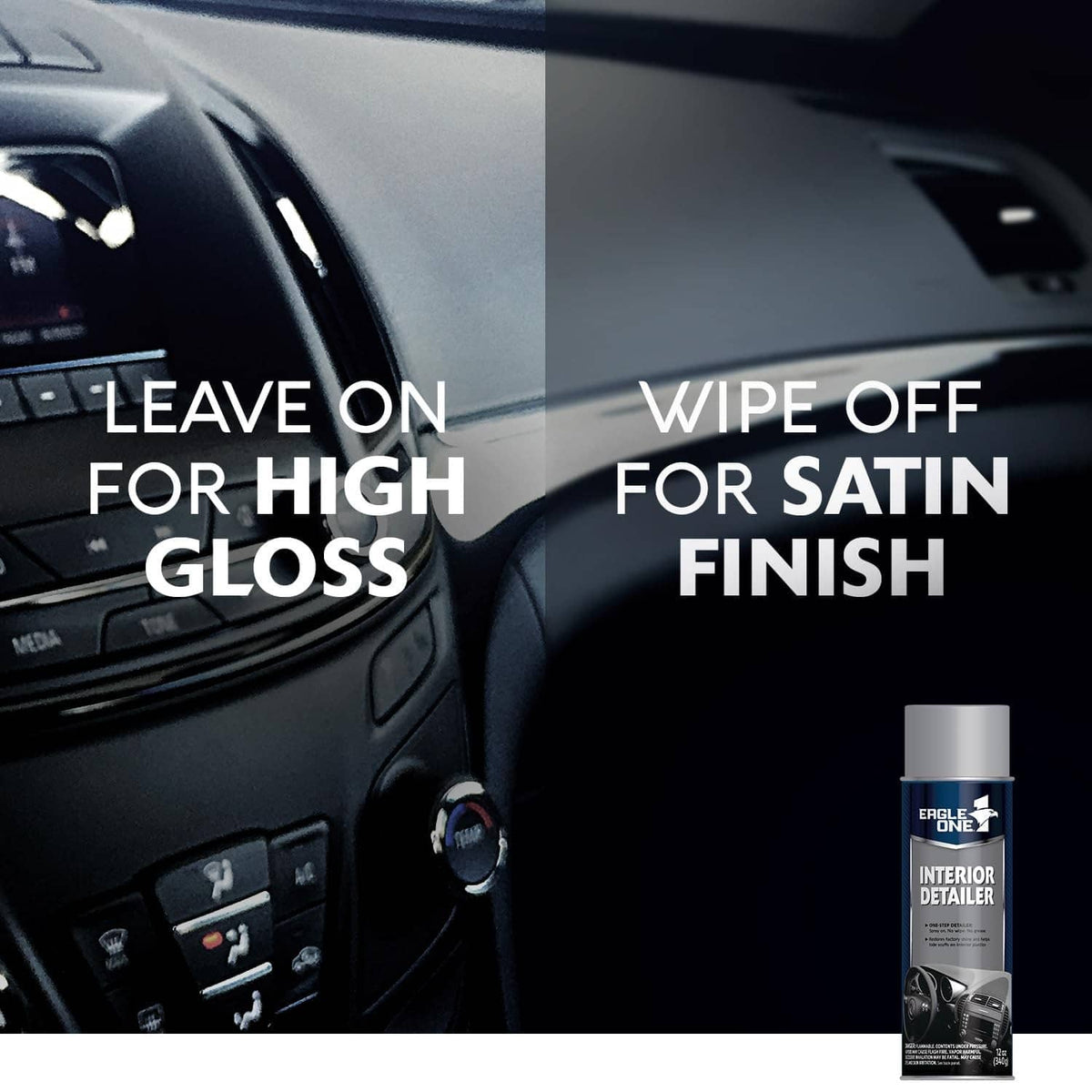 Interior detailer spray bottle shown near car center console buttons and vent